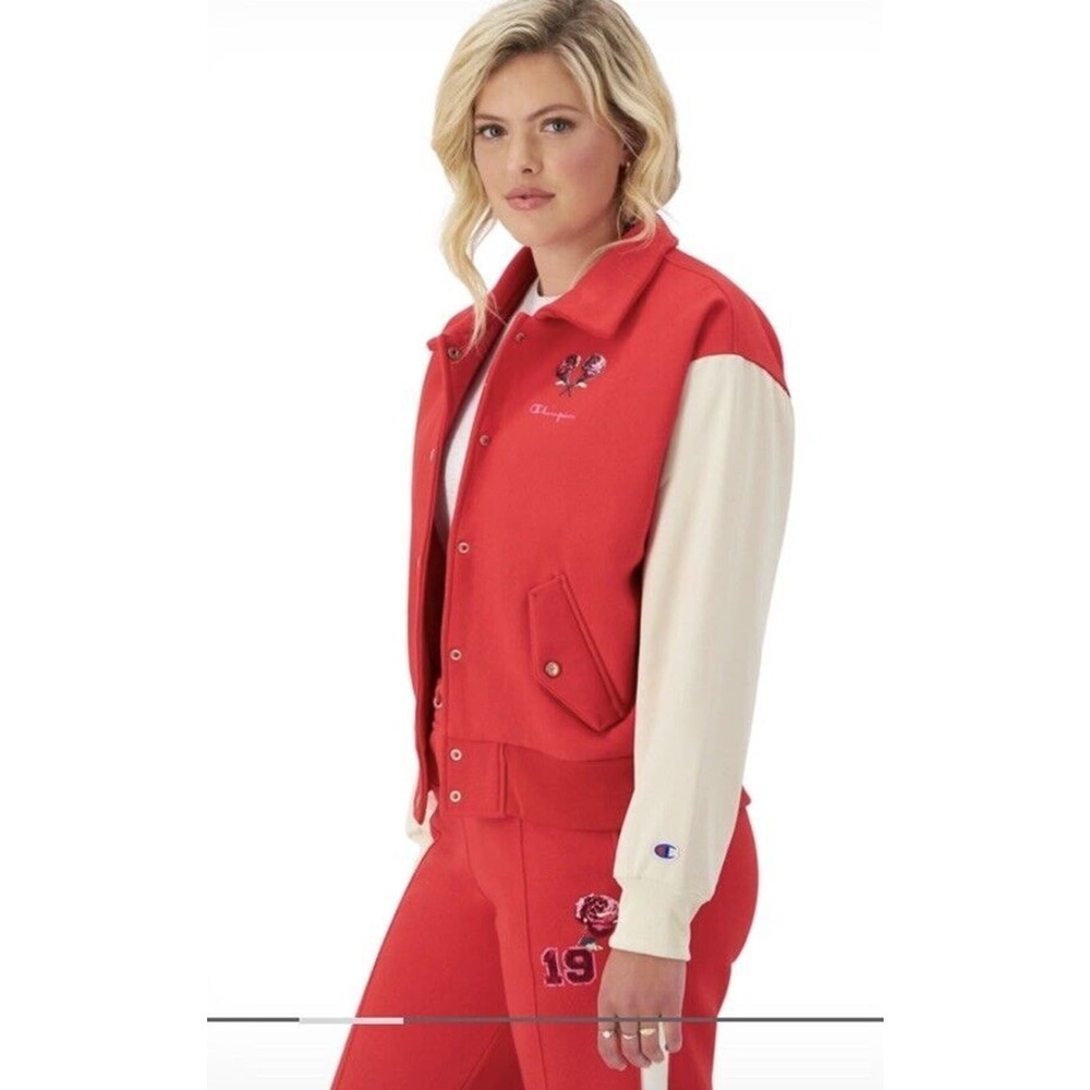 Champion Letterman Patch Jacket Joggers 2-Piece Set Rose Track Size Large Red - Picture 2 of 16